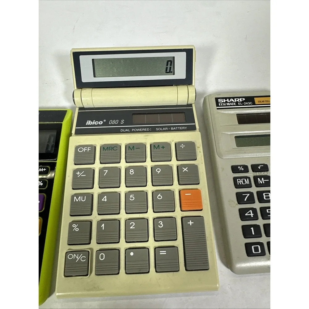 Lot of 3 Vintage Calculators Ibico 080S Flip Sharp Elsi Mate EL-243C Solar